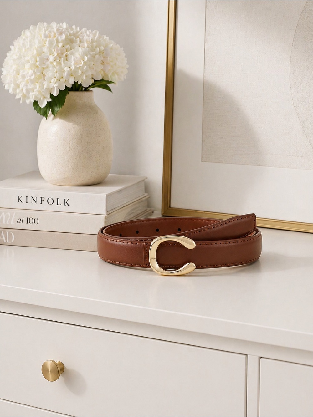 Tan Leather Belt with Gold 'C' Buckle